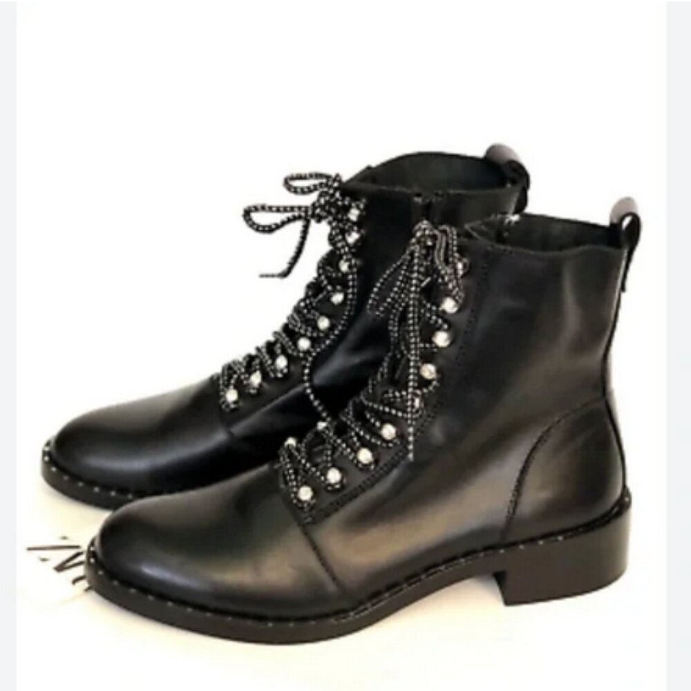 ZARA Black Metallic Laces Rhinestone Studded Women's Boots